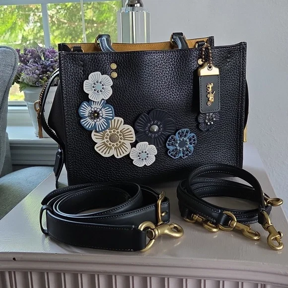 COACH Rogue 25 Black Tea Rose Leather Crossbody Bag - Picture 1 of 16